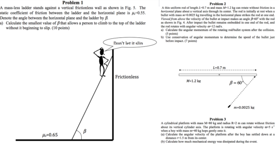 Image for Problem 1 A mass-less ladder stands against a vertical frictionless wall as shown in Fig. 5. The static coeffi