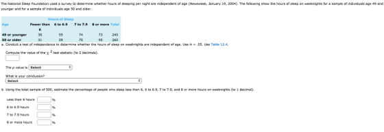 The National Sleep Foundation used a survey to determine whether hours of sleeping per night are independent of age (Newsweek, January 19, 2004). The following show the hours of sleep on weeknights for a sample of individuals age 49 and younger and for a sample of individuals age 50 and older. Hours of Sleep 6 to 6.9 Age Fewer than 7 to 7.9 8 or more Total 38 74 49 or younger 50 or older a. Conduct a test of independence to determine whether the hours of sleep on weeknights are independent of age. use。= .05. Use Table 12.4 73 95 240 260 31 59 75 Compute the value of the x2test statistic (to 2 decimals). The p value is Select What is Select b Using the total sample of s00, estimate the percentage of people who sleep less than 6, 6 to 6.9,7 to 7.9, and 8 or more hours on weeknights (to 1 decimal) Less than 6 hours 6 to 6.9 hours 7 to 7.9 hours 8 or more hours