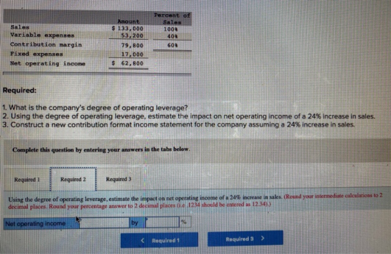 Sales Variable expenses Contribution margin Fixed expenses Net operating income Amount $ 133,000 53,200 79,800 17.000 $ 62,80