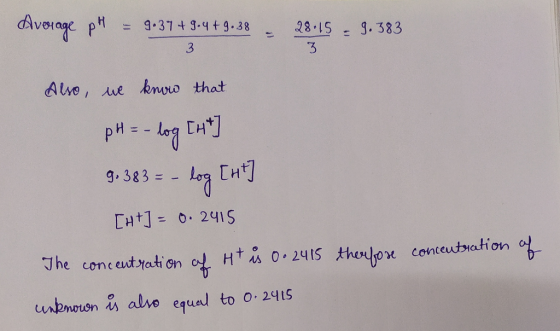 Average pH = 9.374 9.4 +9.38 - 28.15 - 9.383 Also, we know that pH = -log [ht] 9.383 = - log [ht] [ht] = 0.2415 The concentra