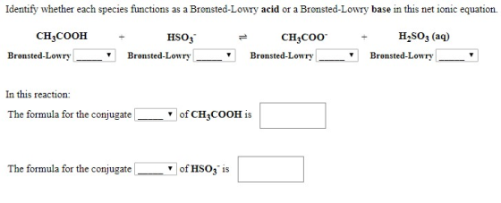 Identify whether each species functions as a Bronsted-Lowry acid or a Bronsted-Lowry base in this net ionic equation. HSO3 CH
