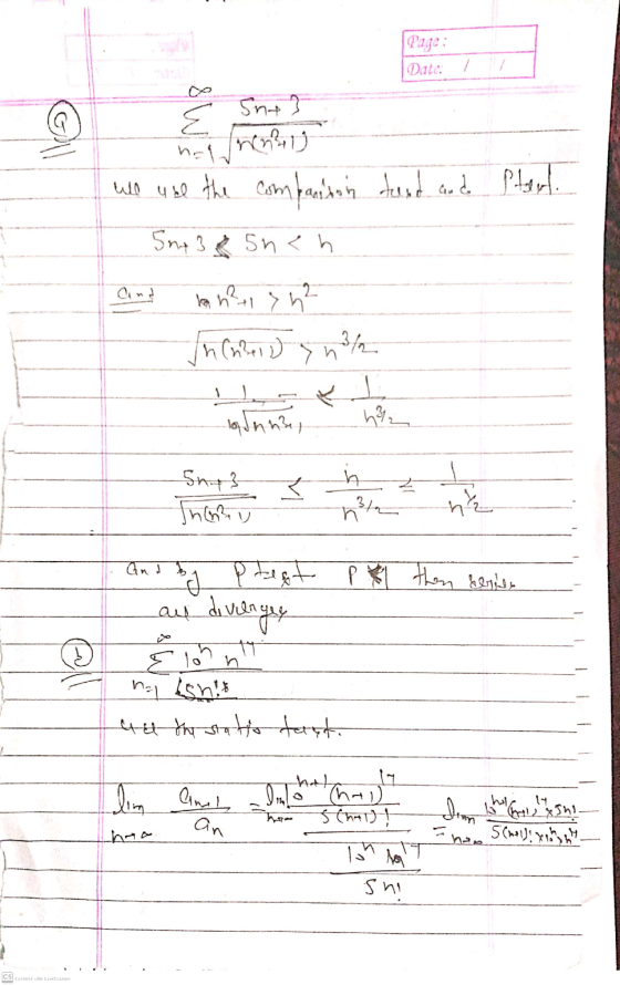 Page: Date: Sn ] E han neng we use the comparison test and Ptert. 5n+385nch mne sh² and In(nel h% 1 ht la Jana Sny} Inny h 3t