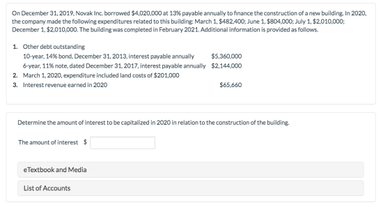 On December 31, 2019, Novak Inc. borrowed $4,020,000 at 13% payable annually to finance the construction of a new building. I