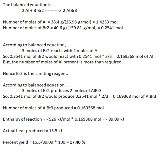 The balanced equation is 2 Al 3 Br2 2 AIBr3 -------- Number of moles of Al 38.4 g/(26.98 g/mol) = 1.4233 mol Number of moles