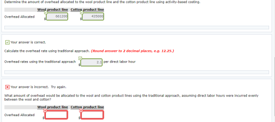 Determine the amount of overhead allocated to the wool product line and the cotton product line using activity-based costing.