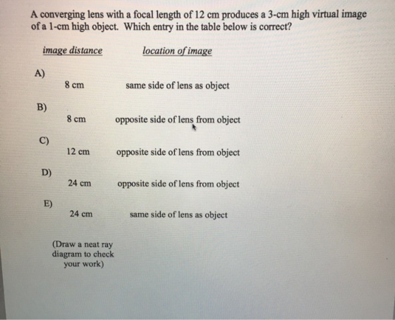 A converging lens with a focal length of 12 cm produces a 3-cm high virtual image of a 1-cm high object. Which entry in the t