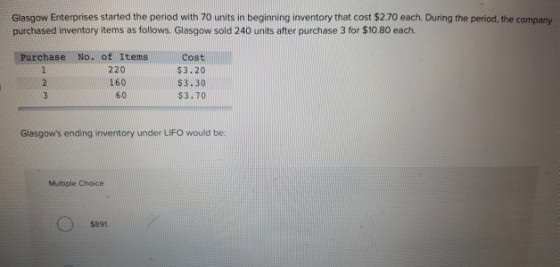 Glasgow Enterprises started the period with 70 units in beginning inventory that cost $2.70 each. During the period, the company purchased inventory items as follows, Glasgow sold 240 units after purchase 3 for $10.80 each. Purchase No. of Items 220 160 60 Cost $3.20 $3.30 $3.70 1 Glasgows ending inventory under LIFO would be Multiple Choice $891
