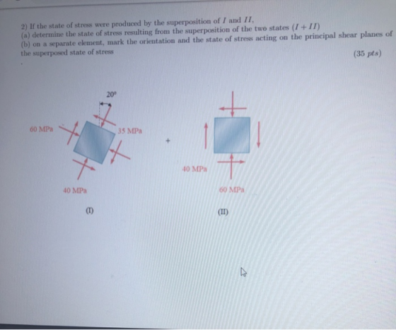 2) If the state of stress were produced by the superposition of I and II. (a) determine the state of stress resulting from th