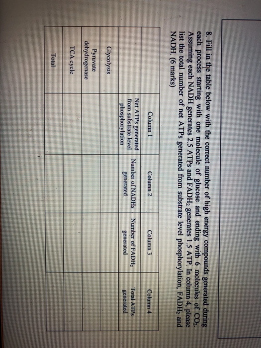 8. Fill in the table below with the correct number of high energy compounds generated during each process starting with one molecule of glucose and ending with 6 molecules of CO2 Assuming each NADH generates 2.5 ATPs and FADH2 generates 1.5 ATP. In column 4, please list the total number of net ATPs generated from substrate level phosphorylation, FADH and NADH. (6 marks) Column I Net ATPs generated phosphorylation Column 2 Column 3 Column 4 Number of FADH2Total ATPs from substrate leve Number of NADHs generated generated Glycolysis Pyruvate TCA cycle Total deh