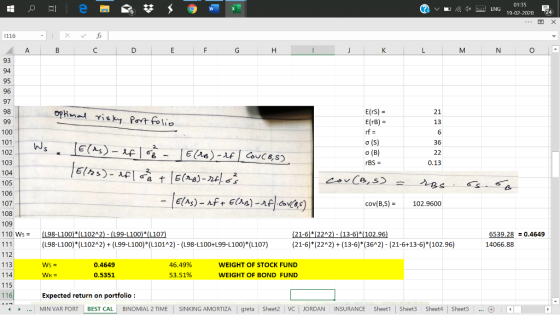 W ? v u 1x ENG 01:35 19-02-2020 24 1116 A B C D E F G H I J K L M N O A optimal risky Portfolio E(rs) = E(TB) = rf = O(S) (B)