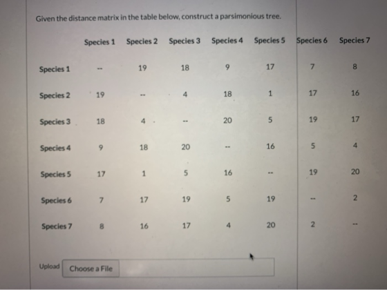 Given the distance matrix in the table below, construct a parsimonious tree. Species 1 Species 2 Species 3 Species 4 Species