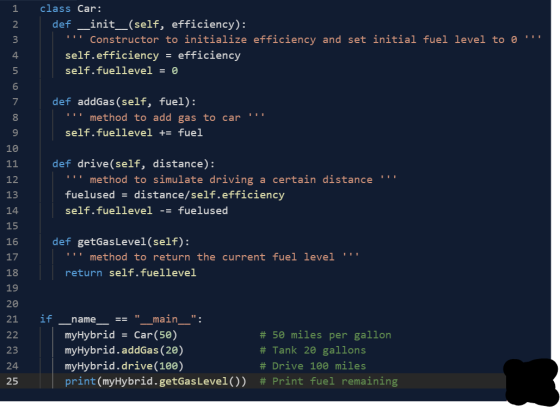 class Car: def _init__(self, efficiency): Constructor to initialize efficiency and set initial fuel level to self.efficiency
