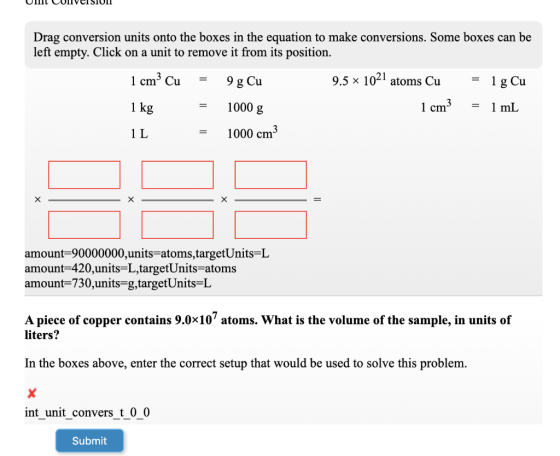 Drag conversion units onto the boxes in the equation to make conversions. Some boxes can be left empty. Click on a unit to re