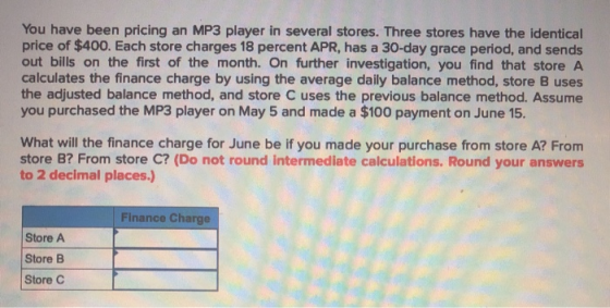 You have been pricing an MP3 player in several stores. Three stores have the identical price of $400. Each store charges 18 p