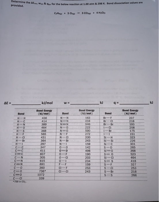 Determine the Δ Eran, wsys & qǐys for the below reaction at 1.00 atm & 298 K. Bond dissociation values are provided ΔΕ = Bond