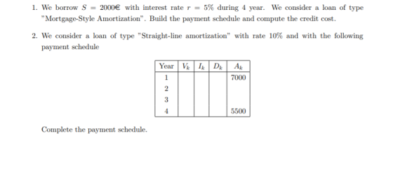 1, We borrow S-2000€ with interest rate r-5% during 4 year. we consider a loan of type Mortgage-Style Amortization. Build t