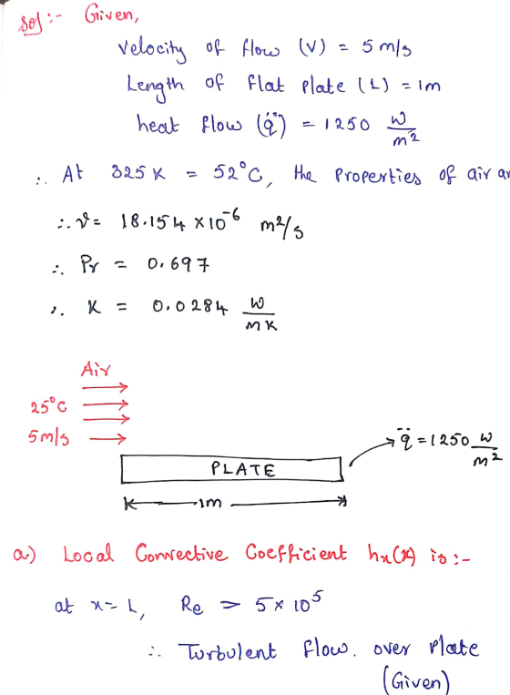 sol :- Given, velocity of flow (V) = 5 m/s flat plate (L) = 1m heat flow (6) Length of - 1250 W m 325k :: At 52°C, the proper
