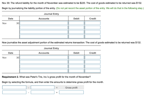 Nov 30: The refund liability for the month of November was estimated to be $220. The cost of goods estimated to be returned w