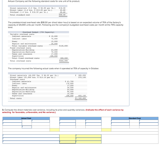 Antuan Company set the following standard costs for one unit of its product. Direct materials (3.0 Ibs. @ $6.00 per Ib.) Dire