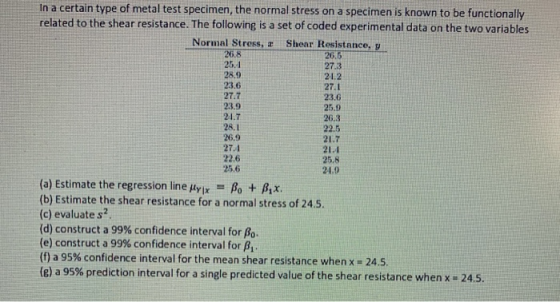 26.6 273 21.2 23,6 In a certain type of metal test specimen, the normal stress on a specimen is known to be functionally rela