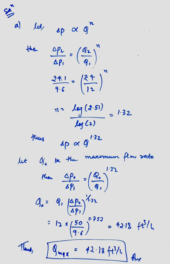 a) let, AP ag then 02 opz Api n 124 24.) 9.6 ( 2 72 12 n = log (2.51) 1.32 log (2) thus 1.32 Apag makin let 8. flow sate be t