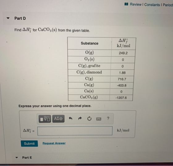 Review I Constants I Period Part D Find AHo for CACO3 (s) from the given table. AH; kJ/mol Substance O(g) 249.2 O2(s) 0 C(g),
