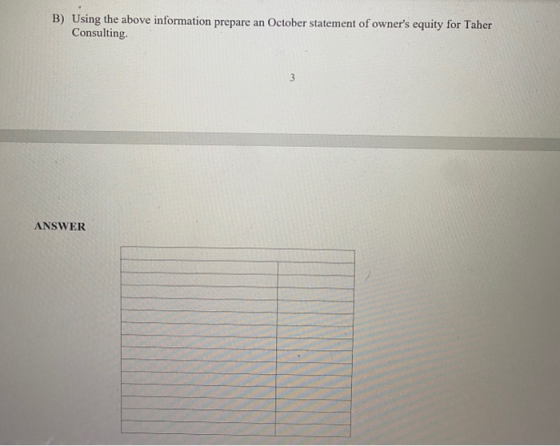 B) Using the above information prepare an October statement of owners equity for Taher Consulting 3 ANSWER