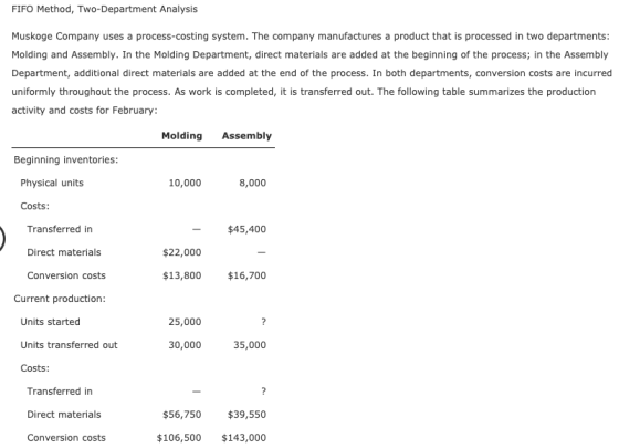 FIFO Method, Two-Department Analysis Muskoge Company uses a process-costing system. The company manufactures a product that i