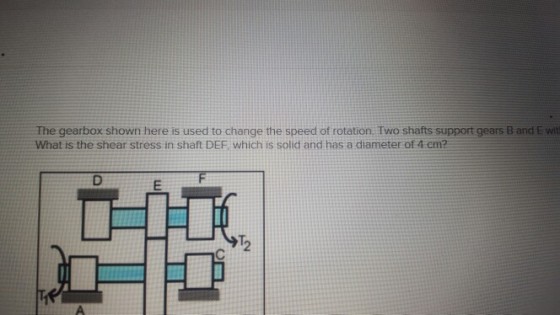The gearbox shown here is used to change the speed of rotation. Two shafts support gears B and E wit What is the shear stress in shat DEF, which is solid and has a diameter of 4 cm? 2