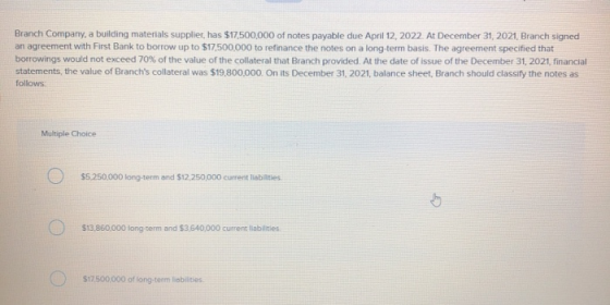 Branch Company, a building materials supplier, has $17,500,000 of notes payable due April 12, 2022 At December 31, 2021, Bran