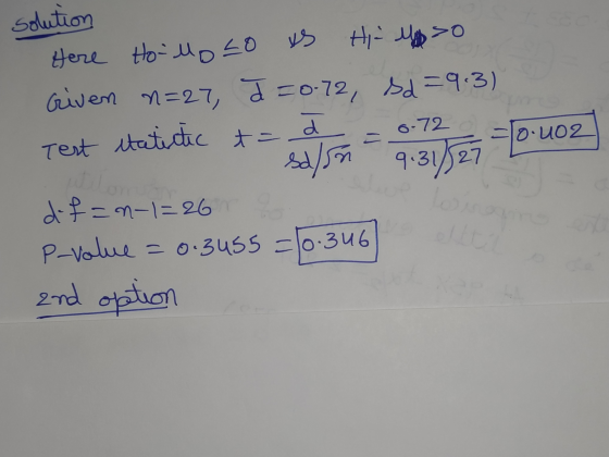 6.72 solution Here Hoollo Lo us us Hi Mo Given n=27, J =0-72, sd=9.3) Test statictic t = 2 To.u02 -10.4 3152 27 d-f=n-1=26 P-