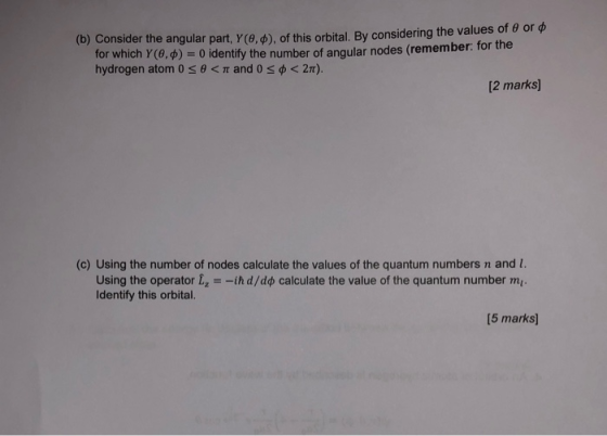 ( Consider the angular part, Y (0.). of this orbital. By considering the values of 0 or for which Y(0,0) = 0 identify the num