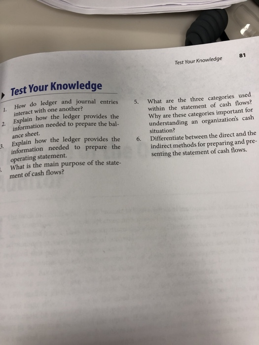 Test Your Knowledge81 Test Your Knowledge How do ledger and journal entries interact with one another? s 5. What are the three categories used 2 Explain how the ledger provides the within the statement of cash flows? information needed to prepare the bal- ance sheet. Explain how the ledger provides the information needed to prepare the operating statement. What is the main purpose of the state- Why are these categories important for understanding an organizations cash situation? Differentiate between the direct and the 6. indirect methods for preparing and pre- senting the statement of cash flows. ment of cash flows?