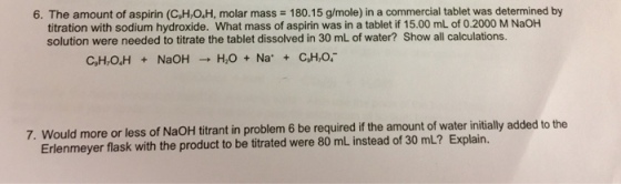 The amount of aspirin (C_9H_7O_4H, molar mass = 18
