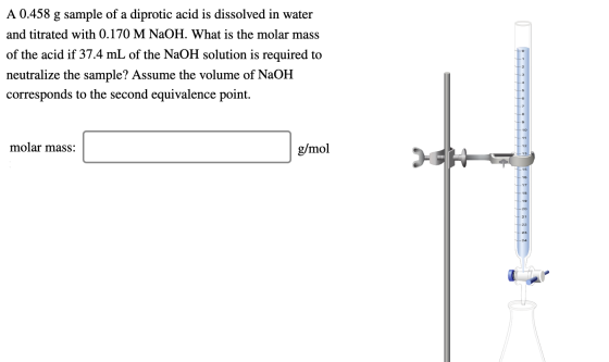 | A 0.458 g sample of a diprotic acid is dissolved in water and titrated with 0.170 M NaOH. What is the molar mass of the aci