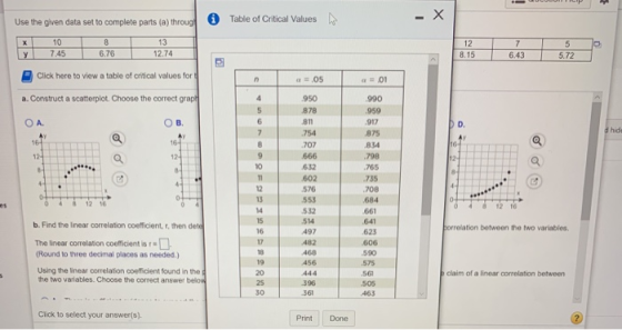 X - Use the given data set to complete parts (a) throug Table of Critical Values X у 10 7.45 13 12.74 12 8.15 6.76 7 6.43 5 5