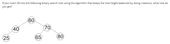 If you insert 26 into the following binary search tree using the algorithm that keeps the tree height-balanced by doing rotat