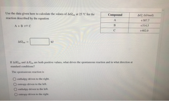 Use the data given here to calculate the values of AGxn at 25 °C for the reaction described by the equation Compound A AG, (k