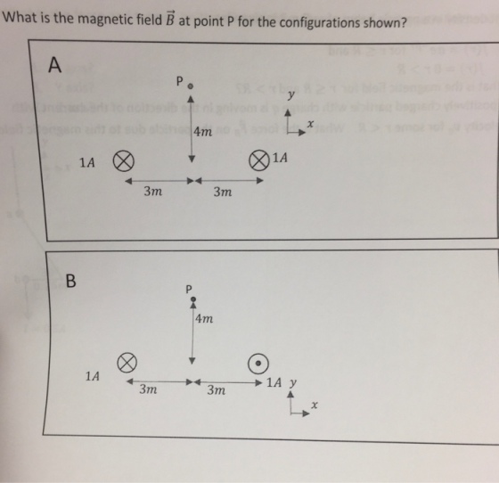What is the magnetic field B at point P for the configurations shown? 4m 1A 1A 3m 3m 4m 32