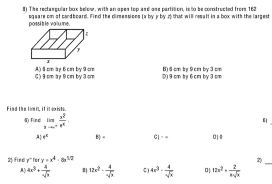 8) The rectangular box below, with an open top and one partition, is to be constructed from 162 square cm of cardboard. Find