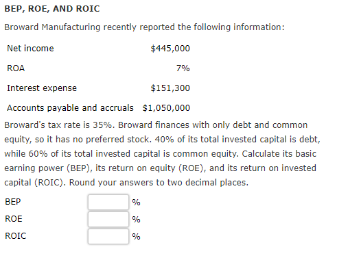 BEP, ROE, AND ROIC Broward Manufacturing recently reported the following information: Net income ROA Interest expense Accounts payable and accruals $1,050,000 Browards tax rate is 35%. Broward finances with only debt and common equity, so it has no preferred stock, 40% of its total invested capital is debt, while 60% of its total invested capital is common equity. Calculate its basic earning power (BEP), its return on equity (ROE), and its return on invested capital (ROIC). Round your answers to two decimal places. BEP ROE ROIC $445,000 7% $151,300