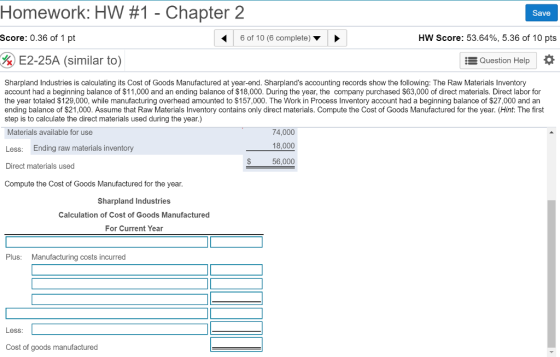 Homework: HW #1 -Chapter 2 Save Score: 0.36 of 1 pt 6 of 10 (6 complete) ▼ HW Score: 53.64%, 5.36 of 10 pts E2-25A (similar to) Question Help Sharpland Industries is calculating its Cost of Goods Manufactured at year-end. Sharplands accounting records show the following: The Raw Materials Inventory account had a beginning balance of $11,000 and an ending balance of $18,000. During the year, the company purchased $63,000 of direct materials. Direct labor for the year totaled $129,000, while manufacturing overhead amounted to $157,000. The Work in Process Inventory account had a beginning balance of $27,000 and an ending balance of $21,000. Assume that Raw Materials Inventory contains only direct materials. Compute the Cost of Goods Manufactured for the year. (Hint: The first step is to calculate the direct materials used during the year.) Materials available for use Less: Ending raw materials inventory Direct materials used Compute the Cost of Goods Manufactured for the year 74,000 18,000 56,000 Sharpland Industries Calculation of Cost of Goods Manufactured For Current Year Plus: Manufacturing costs incurred Less Cost of goods manufactured