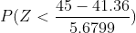 45 – 41.36 P(Z <= 5,6799
