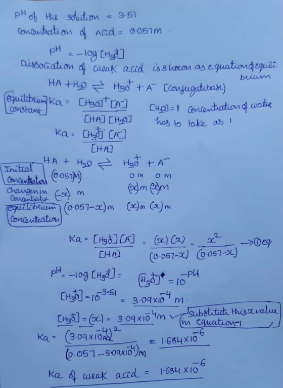 pH of the solution = 3.51 Concentration of acid = 0.057m pH = -log [Had] sociation of allar acid is shown as equation equili