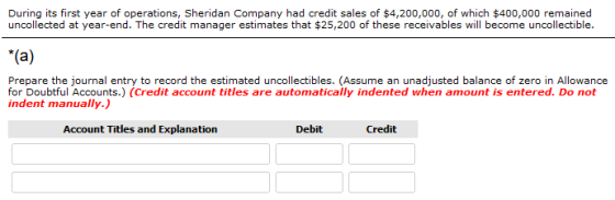 During its first year of operations, Sheridan Company had credit sales of $4,200,000, of which $400,000 remained uncollected