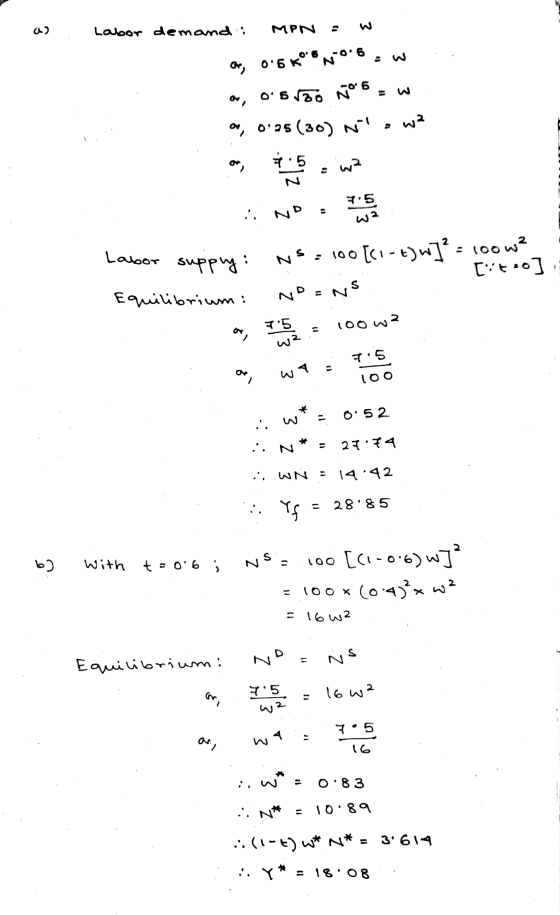 a) Labor demand: MPN - W a, 0.6kO® Nº.6. w a, OS VO V70 5 - w a, 0:25 (30) N ow? I LAN Labor supply: ws=100 [c1-e)w]² = 100w