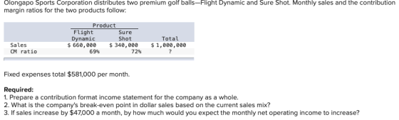Olongapo Sports Corporation distributes two premium golf balls-Flight Dynamic and Sure Shot. Monthly sales and the contributi