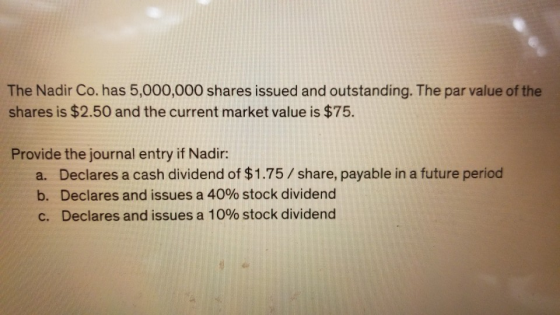 The Nadir Co. has 5,000,000 shares issued and outstanding. The par value of the shares is $2.50 and the current market value