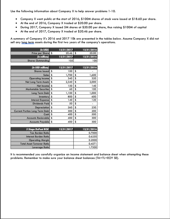 Use the following information about Company X to help answer problems 1-10. Company X went public at the start of 2016, $100M