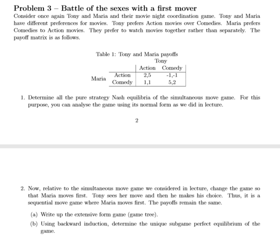 Problem 3 - Battle of the sexes with a first mover Consider once again Tony and Maria and their movie night coordination game
